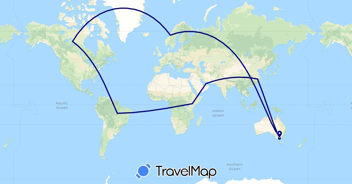 TravelMap itinerary: driving in United Arab Emirates, Australia, Brazil, Canada, China, Kenya, Norway (Africa, Asia, Europe, North America, Oceania, South America)